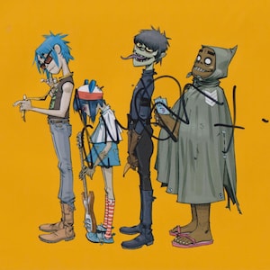 Puede incluir: Ilustración de la banda animada Gorillaz, con cuatro personajes distintos sobre un fondo amarillo. Los personajes están en varias poses, con ropa y accesorios únicos. Un personaje tiene pelo azul y gafas de sol, otro sostiene una guitarra y un tercero lleva una capa con capucha.