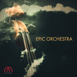 Puede incluir: Un primer plano de un violonchelo con un fondo borroso de nubes. El texto "EPIC ORCHESTRA" está en letras amarillas sobre un fondo verde oscuro.