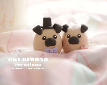 pug wedding cake topper,pet cake topper,handmade couple cake topper,custom dog cake topper,Chiness Zodiace topper,bride and groom topper