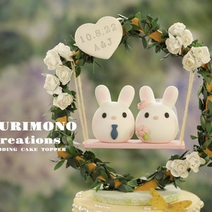 bunny wedding cake topper,rabbit cake topper,handmade couple cake topper,bunnies cake topper,Chiness Zodiace topper,bride and groom topper