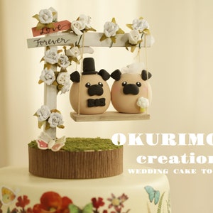 pug wedding cake topper,pet cake topper,handmade couple cake topper,custom dog cake topper,Chiness Zodiace topper,bride and groom topper