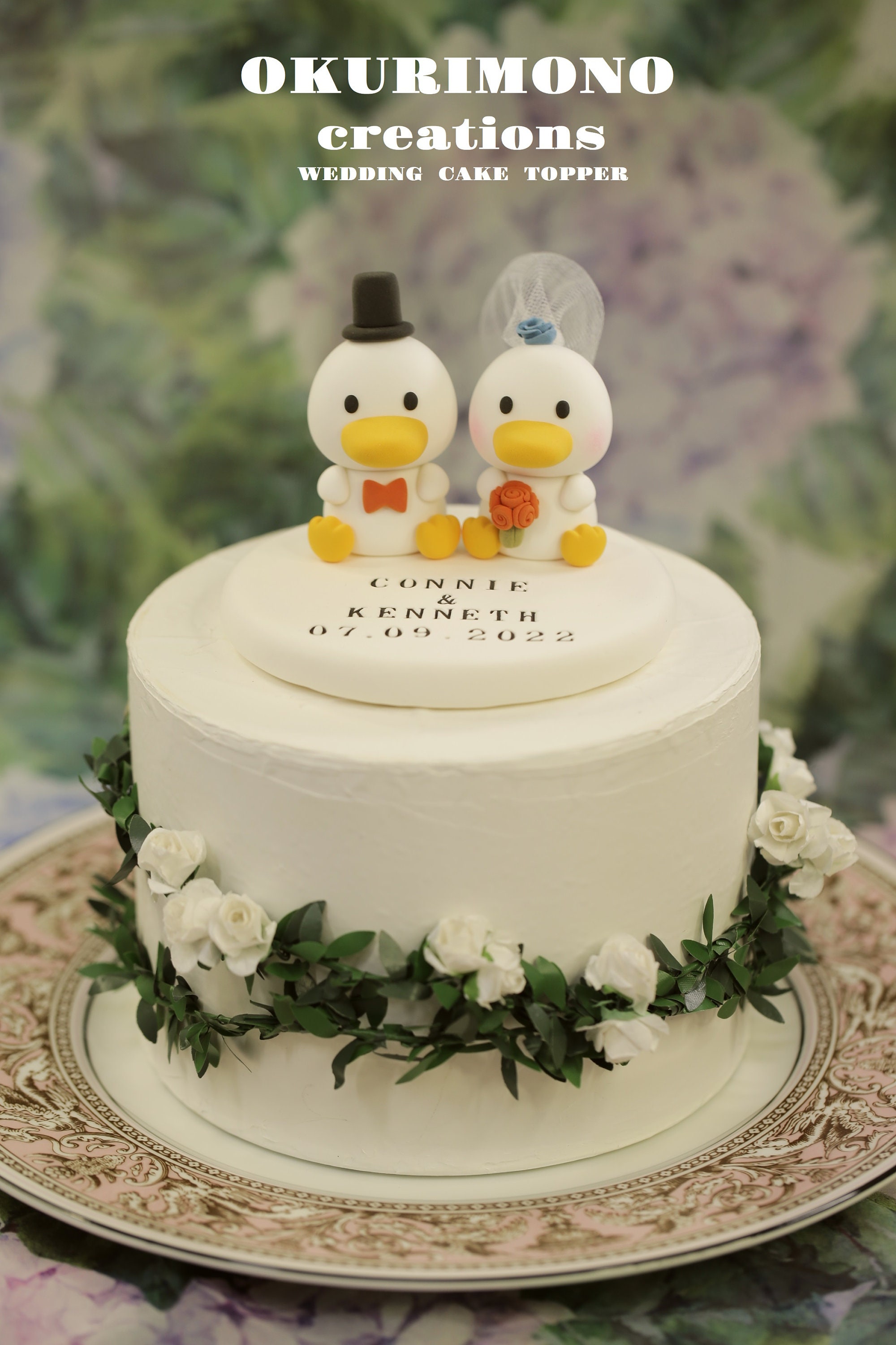 アヒルのウェディングケーキトッパー、手作りのアヒルのカップルケーキ