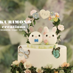 bunny wedding cake topper,rabbit cake topper,handmade couple cake topper,bunnies cake topper,Chiness Zodiace topper,bride and groom topper