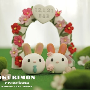 bunny wedding cake topper,rabbit cake topper,handmade couple cake topper,bunnies cake topper,Chiness Zodiace topper,bride and groom topper