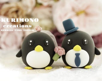 penguin wedding cake topper,handmade penguin couple cake topper,love birds cake topper,birthday cake topper,bride and groom cake topper