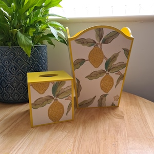 Wastepaper bin, tissue box covers with Morris and Co Lemon tree wallpaper, trash can, bedroom decor, living room bin