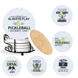 Pickleball Gifts - For Men and Women - Absorbent Ceramic Coaster - Funny Set of 6 - with Metal Holder & Kraft Gift Box Packaging