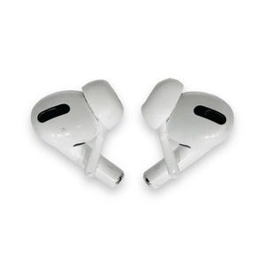 image shows the apple airpod with our white Deafmetal holsters that attach to the airpods and then to a chain to help prevent loss of airpods