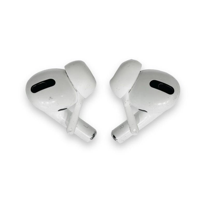 image shows the apple airpod with our white Deafmetal holsters that attach to the airpods and then to a chain to help prevent loss of airpods