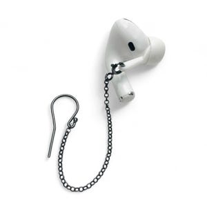 A white wireless earbud with a black chain earring. The earbud has a rounded shape with a black accent. The earring chain is made of small, dark gray links, connecting the earbud to a hook-shaped earring. These are used to prevent loss of airpods it is a lanyard