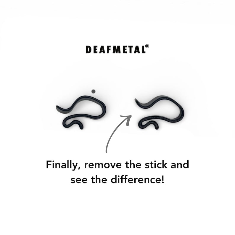 May include: Image features two black, abstract shapes with a dot above one. An arrow points from the first shape to the second. The text "DEAFMETAL&reg;" is at the top, and below, "Finally, remove the stick and see the difference!"