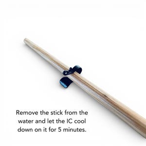 May include: A wooden stick with a black holder. The text on the image reads: Remove the stick from the water and let the IC cool down on it for 5 minutes.