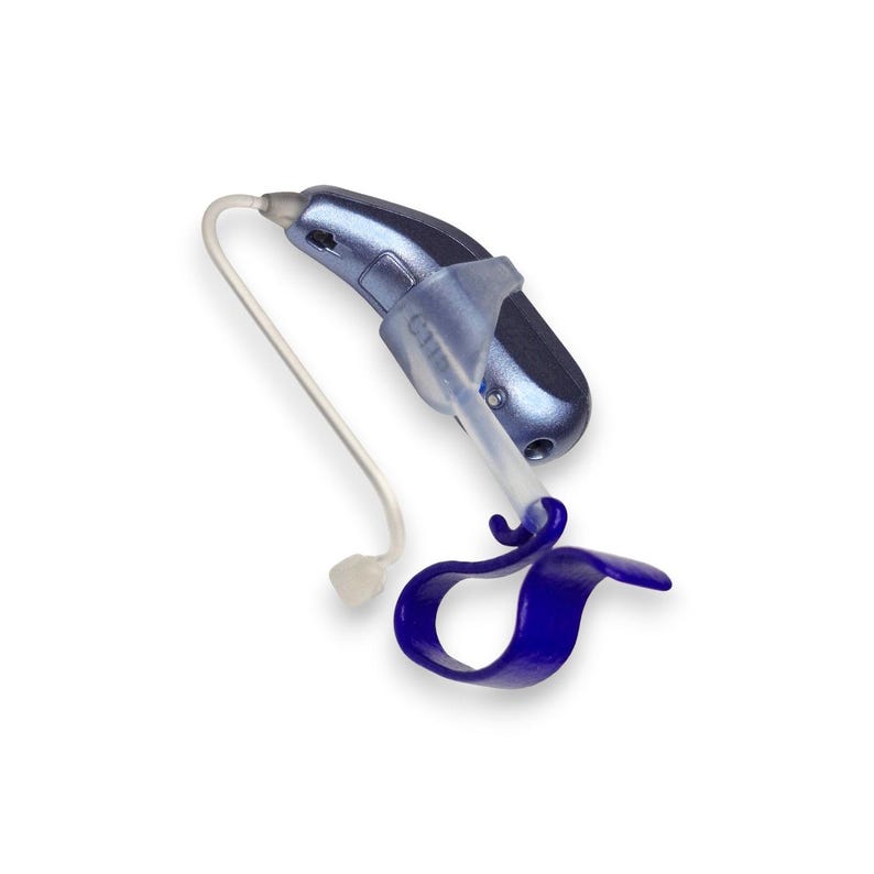 Deafmetal blue insurance flexi clip shown here on a Resound hearing aid and it is used for hearing aid retenetion so you don't lose your hearing aid