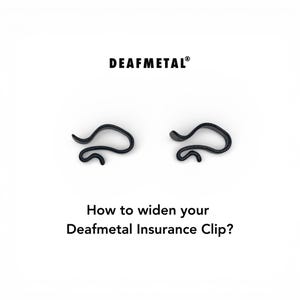 May include: Two black, abstract-shaped metal clips on a white background. The text "DEAFMETAL" is at the top, and below it, the text reads "How to widen your Deafmetal Insurance Clip?"