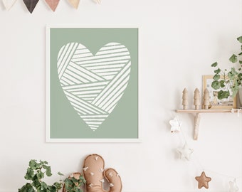 Sage Green Heart Boho Nursery Decor, Printable Wall Art, Playroom Wall Art, Digital Print, Toddler Wall Art, Baby Room Decor, Boho decor