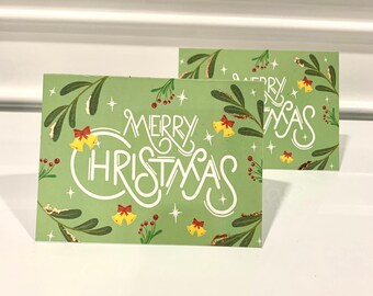 Green Christmas Card | Holiday Card | Bells | Wreath Card | Greeting Cards