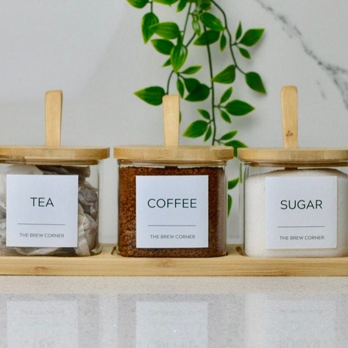 Tea Coffee Sugar Bamboo Lid Glass Storage Jars Etsy UK