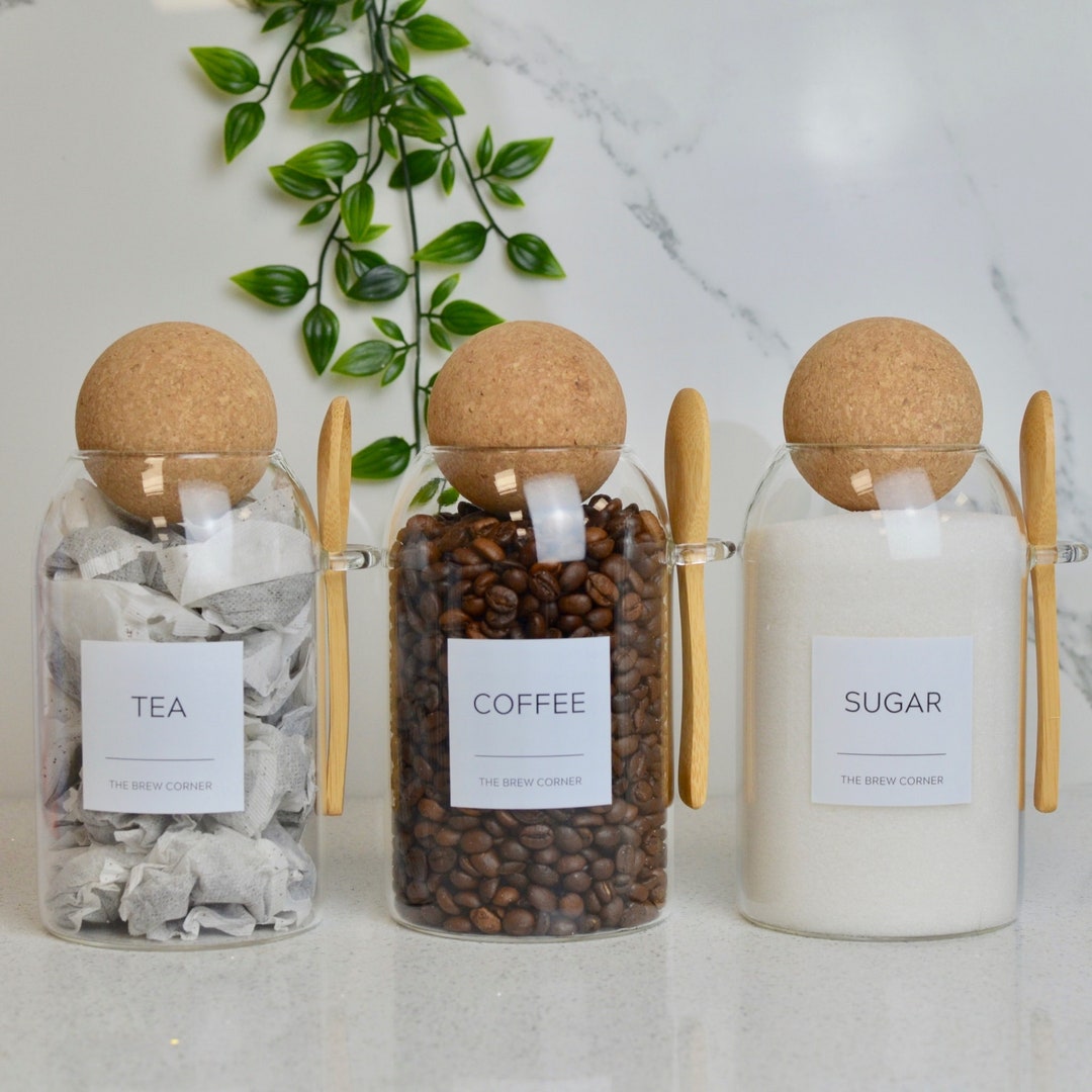 Set 3 Tea Coffee Sugar Canisters & Spoon JARS Cork Ball Glass Etsy UK