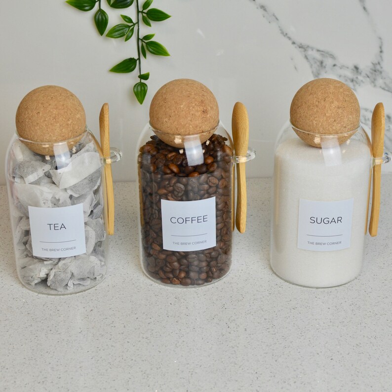 Set of 3 Tea Coffee Sugar Canisters JARS Cork Ball Glass Etsy UK
