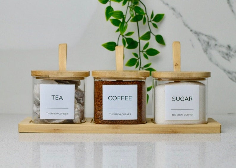 Tea Coffee Sugar Square Canisters Square Jars With Bamboo Tray and Spoon Eco Glass Kitchen Storage Jars Pantry Jars 