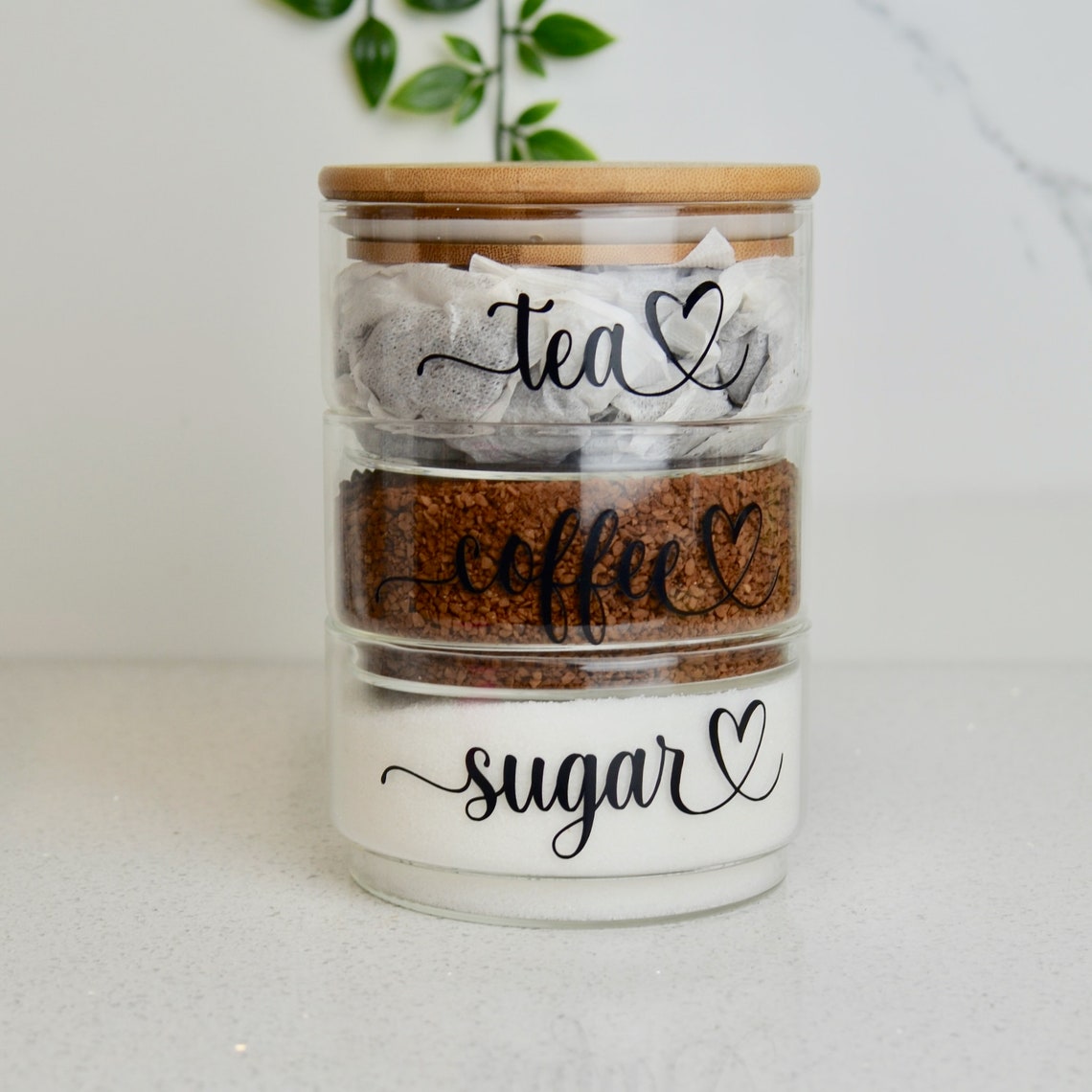 3 Tier Set Glass Tea Coffee Sugar Jars Customizable Labels