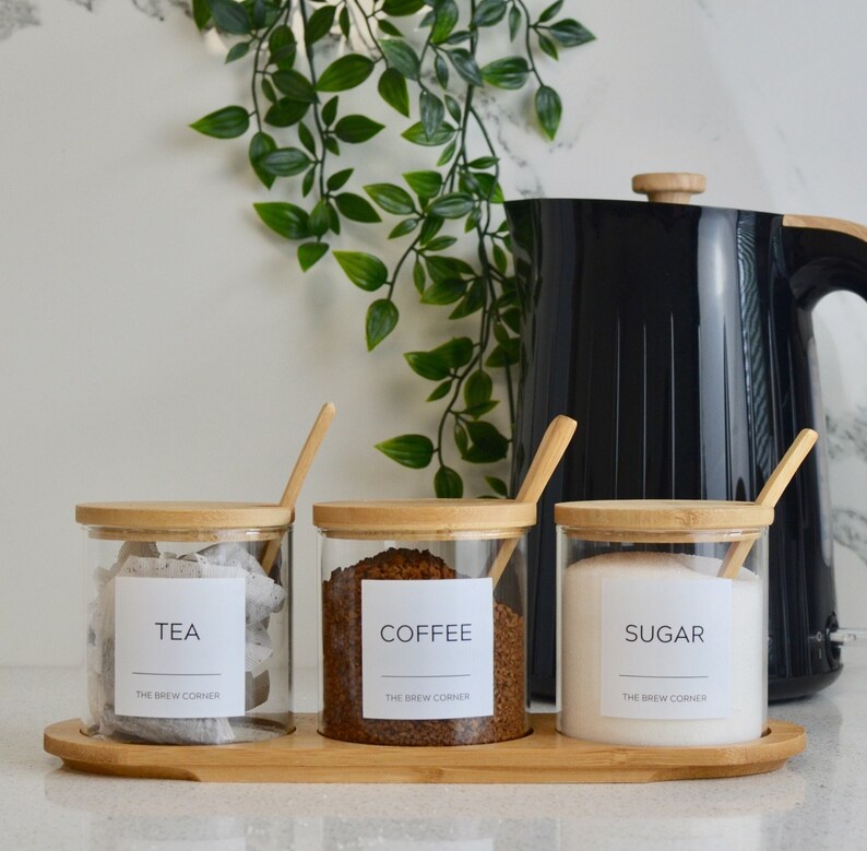 THE BREW CORNER, Tea Coffee Sugar Canisters, With Bamboo Tray and Spoon Eco Glass Kitchen Storage Jars Pantry Jars 