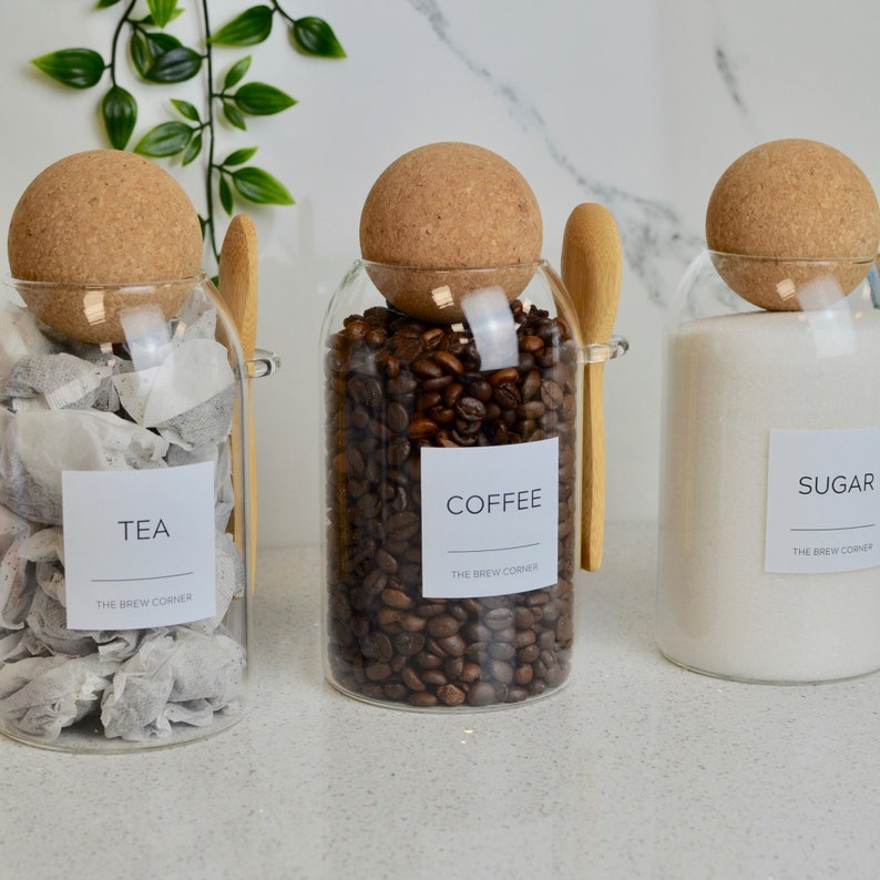 Set of 3 Tea Coffee Sugar Canisters JARS Cork Ball Glass Etsy UK
