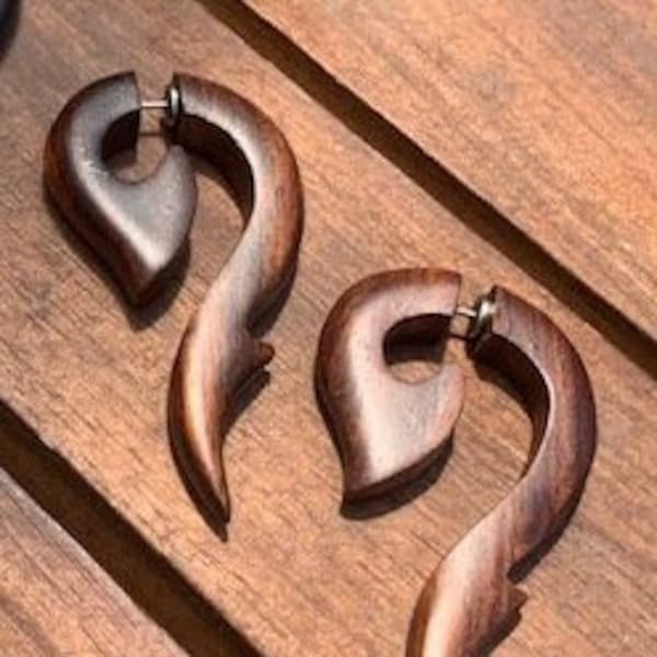 Handmade Wood Earrings Faux Gauge / Plug - Brown Wooden Earring Gauge/Plug  Fish Hook - Unisex