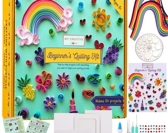 Kit de quilling pour débutant - Kit d’artisanat de bricolage pour enfants adultes - 10 instructions de projets, boîte, autocollants de gemmes, outils, fournitures, bandes de papier