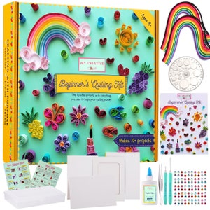 Beginner's Quilling Kit - DIY Craft Kit for Kids Adults - 10 Projects Instructions, Box, Gem Stickers, Tools, Supplies, Paper Strips