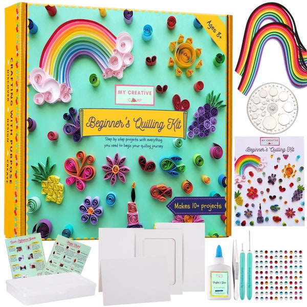 Beginner's Quilling Kit - DIY Craft Kit for Kids Adults - 10 Projects Instructions, Box, Gem Stickers, Tools, Supplies, Paper Strips