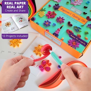 Beginner's Quilling Kit DIY Craft Kit for Kids Adults 10 Projects Instructions, Box, Gem Stickers, Tools, Supplies, Paper Strips image 9