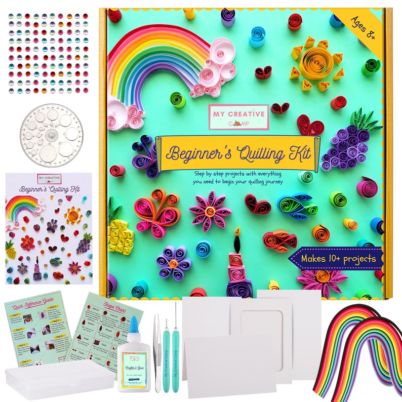 Beginner's Quilling Kit DIY Craft Kit for Kids Adults 10 Projects Instructions, Box, Gem Stickers, Tools, Supplies, Paper Strips image 5