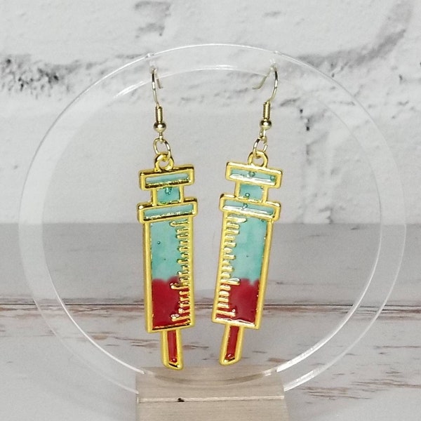 Gold SYRINGE Earrings, Syringe Charms Filled with Teal and Red Plastic, Faux Blood Filled Needle, Gift for Nurse or Doctor, Handmade Gold