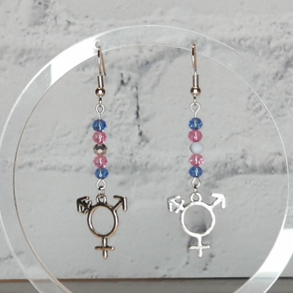 Trans PRIDE Beaded Earrings, Trans Symbol Charms Accented with Glass Beads in the Trans Flag Colors