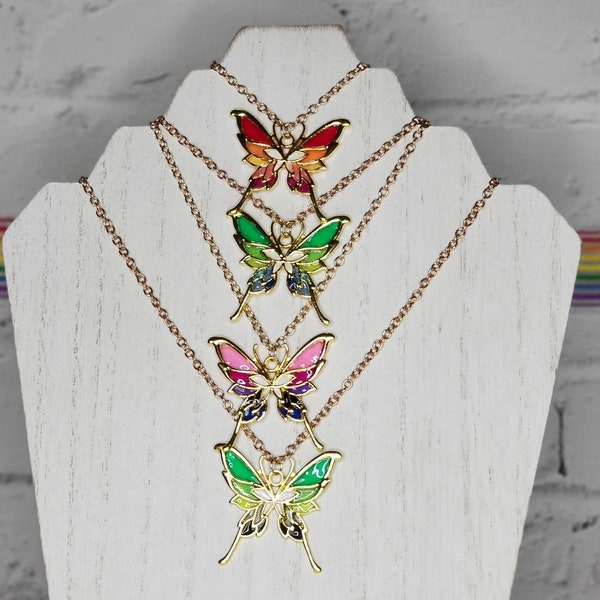 Gold Butterfly PRIDE Necklace, Lesbian, Gay, Bisexual, Pansexual, Transgender, Nonbinary, Genderqueer, Genderfluid, Asexual and Aromantic