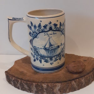 Regina - Gouda - Holland, Heineken - Delft Blue hand-painted beer mug, images of a Dutch windmill and a sailing ship, 1950s