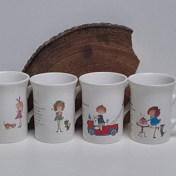 Douwe Egberts, individual mug or set of four, three or two Annie M.G. Schmidt mugs, Floddertje, Pluk van de Petteflet, England, 90's