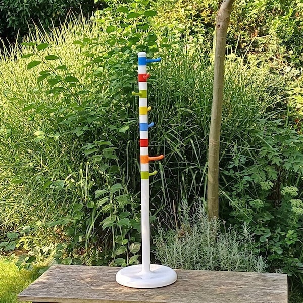 Ikea, Krokig, Memphis style, white plastic standing coat rack, eight different colored plastic hooks, white weighted base, 1990s