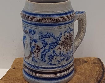 Beer mug, Westerwald - Germany, 0.5 L, cobalt blue, brown images of dragons, mythical creatures, salt glaze glazed stoneware, 70's