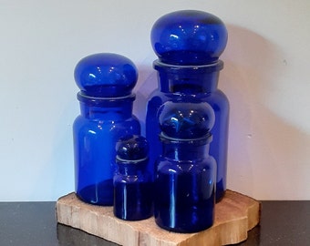 RÉSERVÉ Bleu cobalt, pots d'apothicaire belge en verre rond, pot cloche bleu avec joint en plastique, différentes tailles, années 70