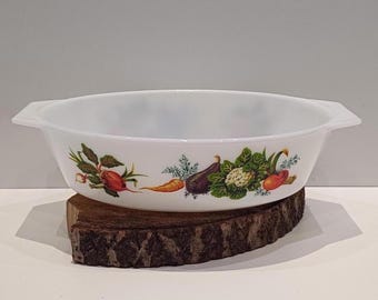 Pyrex - England; beautiful oval dish made of milk glass, with a colorful image of Tuscan vegetables on two sides, 1970s
