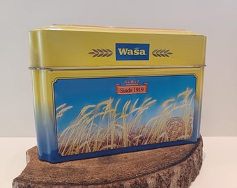 Wasa - Suède, une boîte de conservation pour les crackers Wasa, avec de belles images de grains mûrs, fabriquée dans les années 1985 - 1999
