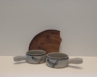 A set of two nice, retro ceramic soup bowls from the 1970s, with handles, images of hand-painted chickens on both sides