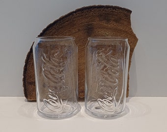 Coca-Cola, Coca-Cola 'can' glasses, set of two clear glasses, resembling a Coca Cola can, with the brand name embossed