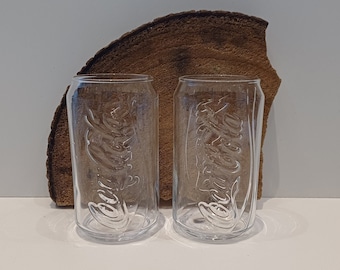 Coca-Cola, Coca-Cola 'can' glasses, one glass or set of two clear glasses, resembling a Coca Cola can, with the brand name embossed
