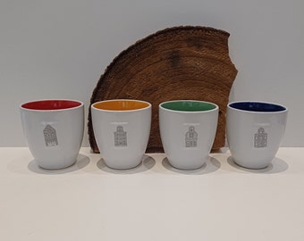 Canal houses, set of two, three or four mugs, image of a Dutch canal house, yellow, green, blue or red inside