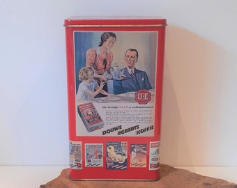 Douwe Egberts - Holland, a nice tall tin with nostalgic Douwe Egberts coffee advertising images and a loose lid