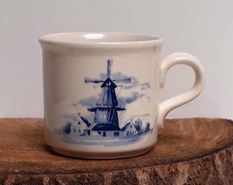 Regina - Holland, Delft Blue ceramic coffee mug, with a beautiful image of a mill with the miller's house, made in 1986