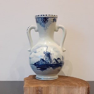 Delft Blue jug, hand-painted, with two handles and a typical Dutch depiction of a windmill, 1950s